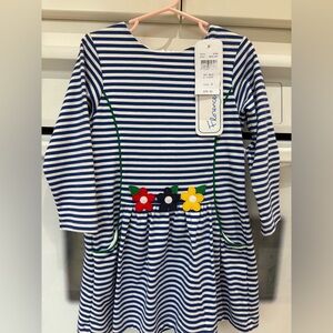 Florence Eiseman Navy and White Striped Dress with Floral Details